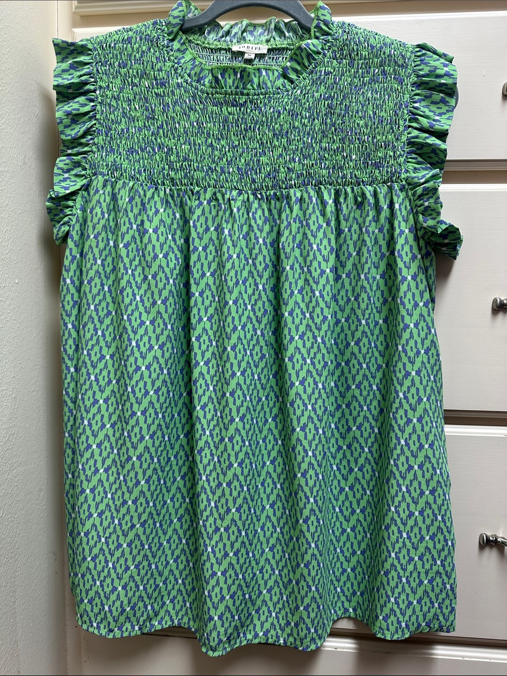 JODIFL Green and Blue Smocked Ruffle Sleeve Top